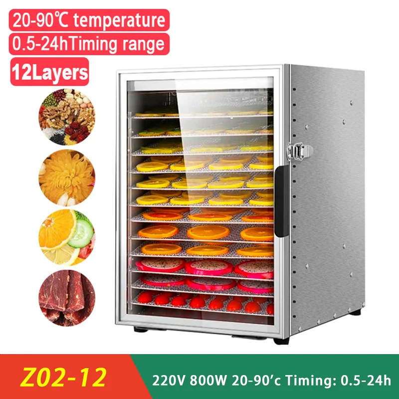 800W 12-Layer Food Dehydrator Commercial Stainless Steel for Fruit Vegetables Meat