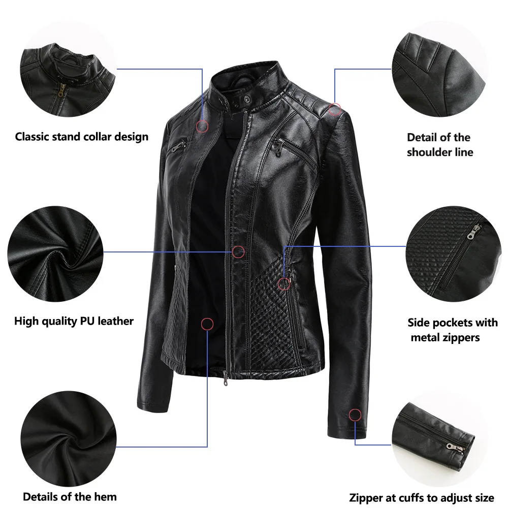 Spring Standing Collar Leather Jacket Europe and The United States Slim Jacket Solid Color Biker Clothes Urban Commuter