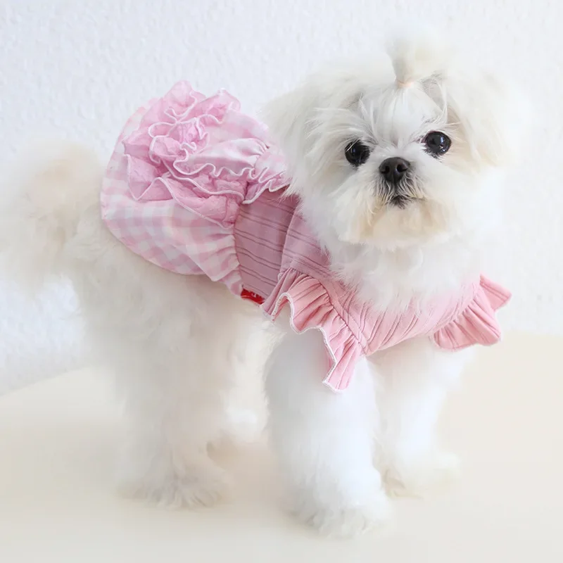 Spring/Summer Ruffled plaid Dress Embroidered Princess clothes forSmall Dogs Chihuahuas, Bichons outfit
