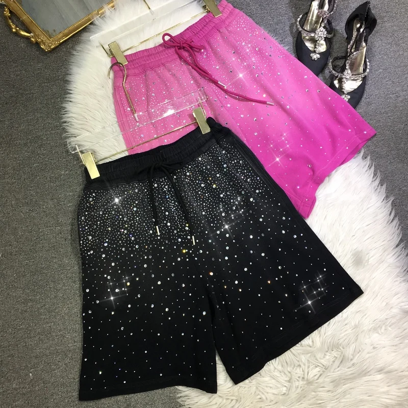 

Gradient Tie Dyeing Diamonds Women Wide Leg Shorts All-match Elastic High Waist Hot Drilling Casual A-line Knee-length Pants