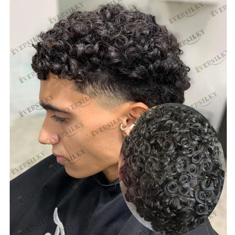 Human Hair Curly Men Toupee Durable Thin 0.1mm Injected PU Base Male Wigs Hair System Prosthesis Natural Hairline 18mm Curly