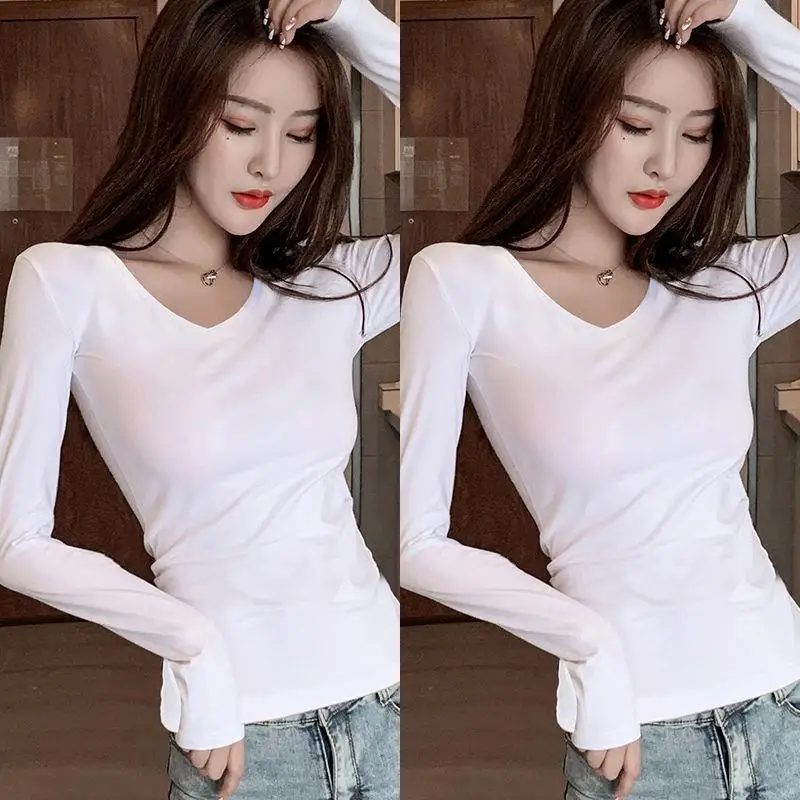 V-neck long-sleeved white + v-neck long-sleeved white [2 pieces]