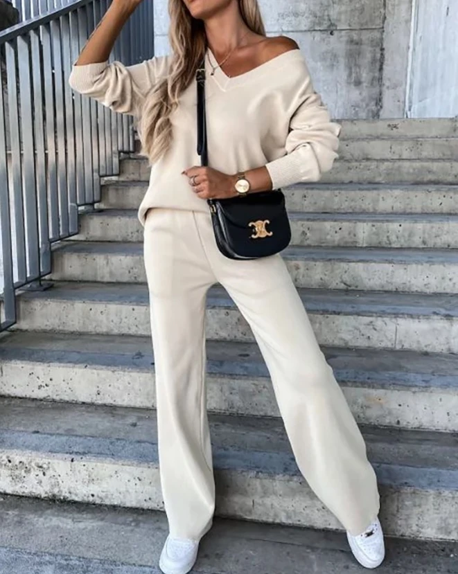 

Elegant Womens Two Piece Sets Outfit V-Neck Long Sleeve Top Pocket Design Pants Set 2023 Autumn Winter Spring New Fashion Casual