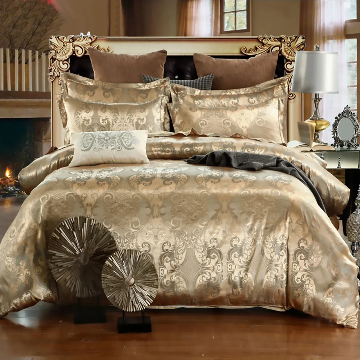 2/3PCS Luxury Jacquard Bedding Set King Size Duvet Cover Flower Golden High Quality with 2 Pillowcase(single 1 Pillowcase)