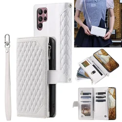Elegant Flip Leather Phone Case with Long Lanyard and Zipper Wallet Card Holder - (Samsung S22 Ultra) (White)