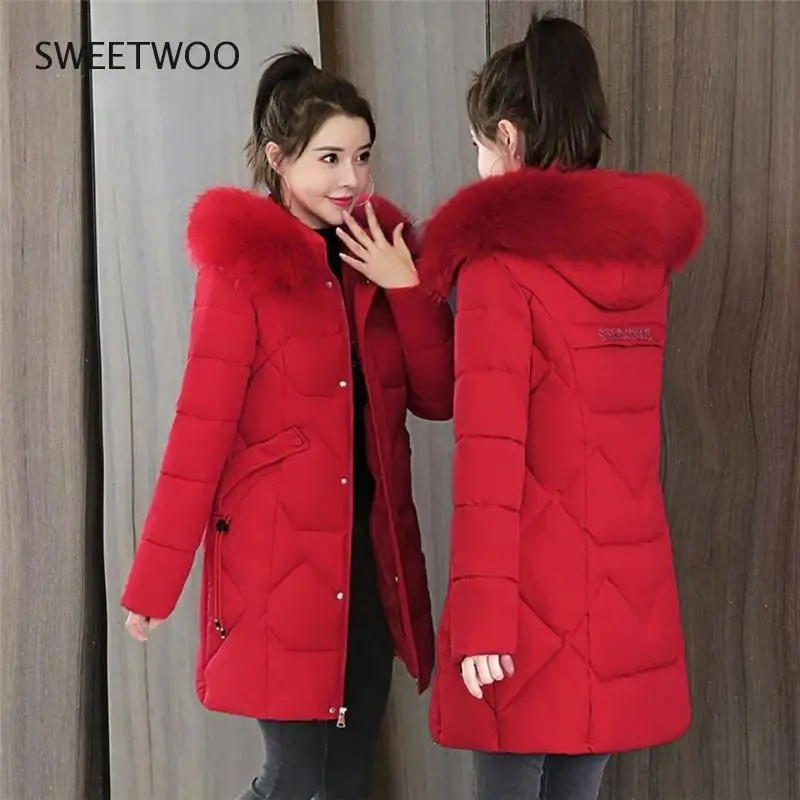 2020 New Winter Jacket Women Coat Fur Collar Hooded Thick Parkas Warm Cotton Padded Jacket Female Long Parka Outwear