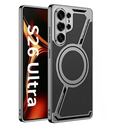 Plating Leather Phone Case with Magsafe Magnetic Wireless Charging Protective Cover - Galaxy S23 Ultra (Black)