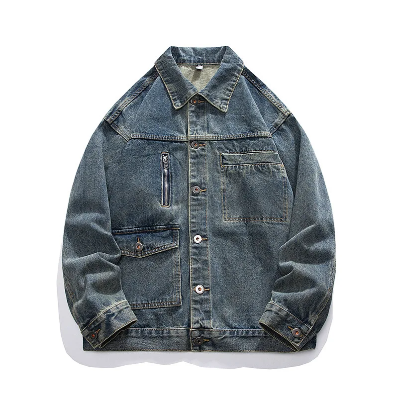 

Куртка мужская джинсовая с большими карманами, Повседневная Свободная верхняя одежда в японском стиле, для походов, путешествий, большие размеры, на весну