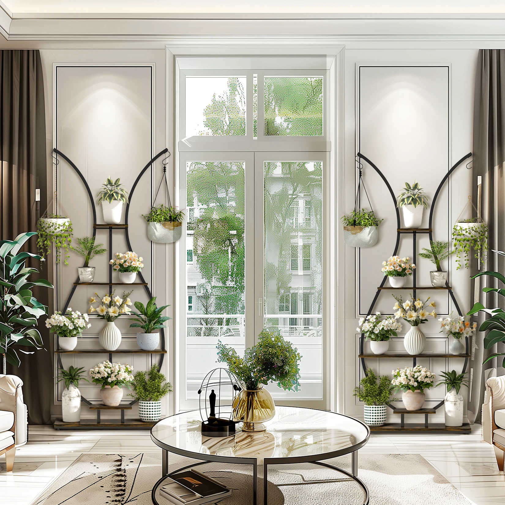 5 Tier Tall Plant Stand Indoor Vase-Shape Metal Plant Shelf with Hanging Hook, Multiple Planter Display for Home Decor Living