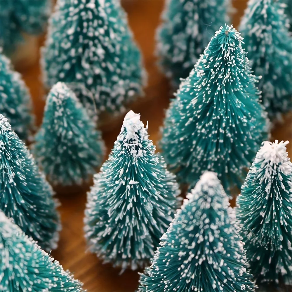 4 Mini Alberi Di Natale In Sisal Con Effetto Neve E Base In Legno, Altezze 10-25 Cm, Decorazione Natalizia