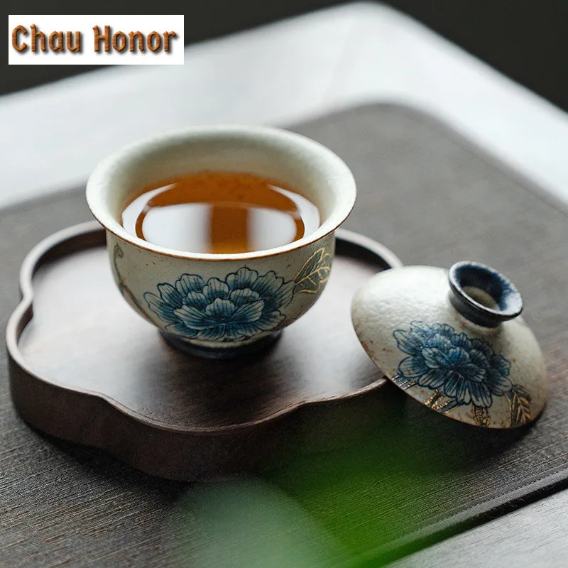 100ml Blue And White Flint Red Gaiwan Handmade Gold Drawing Peony Flower Tea Tureen Tea Maker Cover Bowl Kung Fu Tea Items Gift
