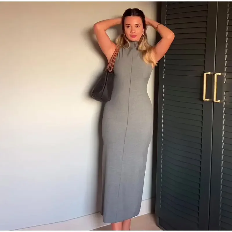 Vestido largo sin mangas con cuello alto y abertura en la espalda para mujer, recto, liso, ajustado, de cintura alta, con cremallera, otoño 2025