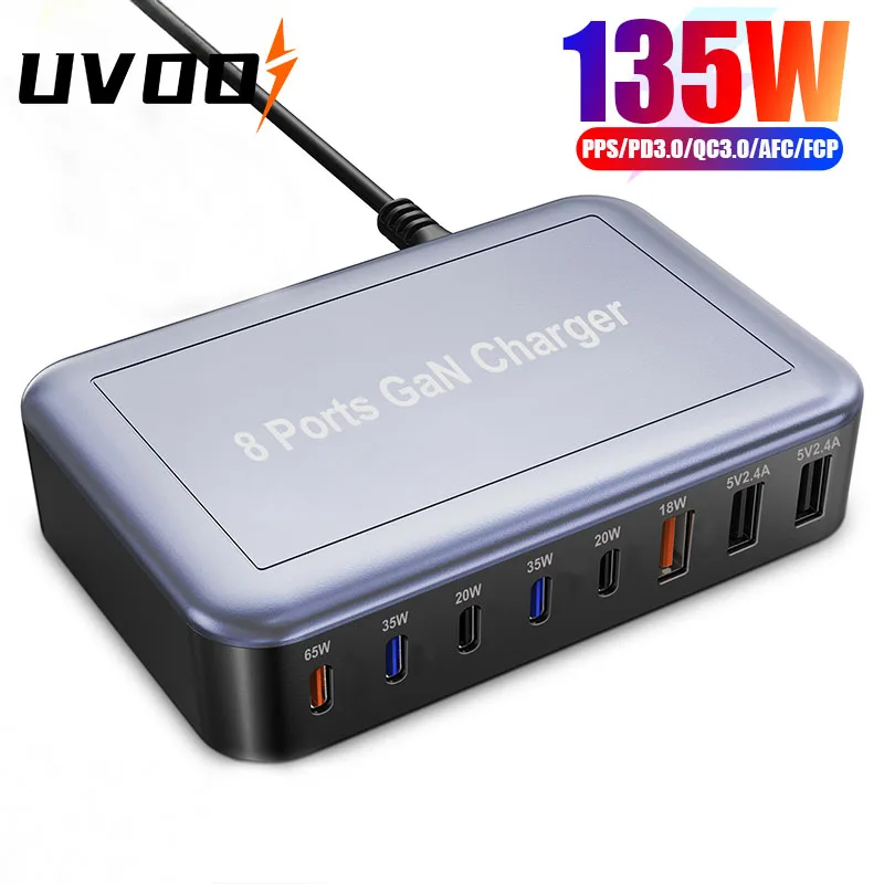 

UVOOI GaN 135W Fast Charger 8 Port USB C Charging Power Station with 65W 35W PD3.0 18W QC3.0 for MacBook Pro iPhone 15 Samsung