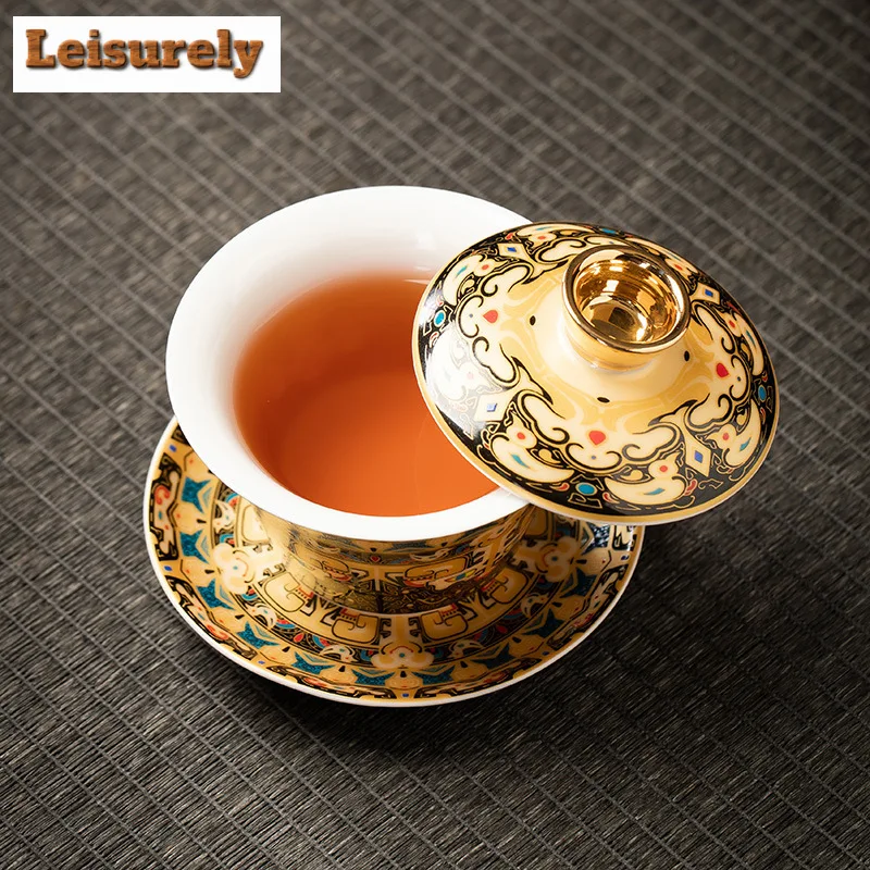 Chinese Thangka Gilded Gaiwan Boutique Enamel Color Hovering Lid Tea Tureen Tea Making Cover Bowl Chinese Set Ornaments Gift