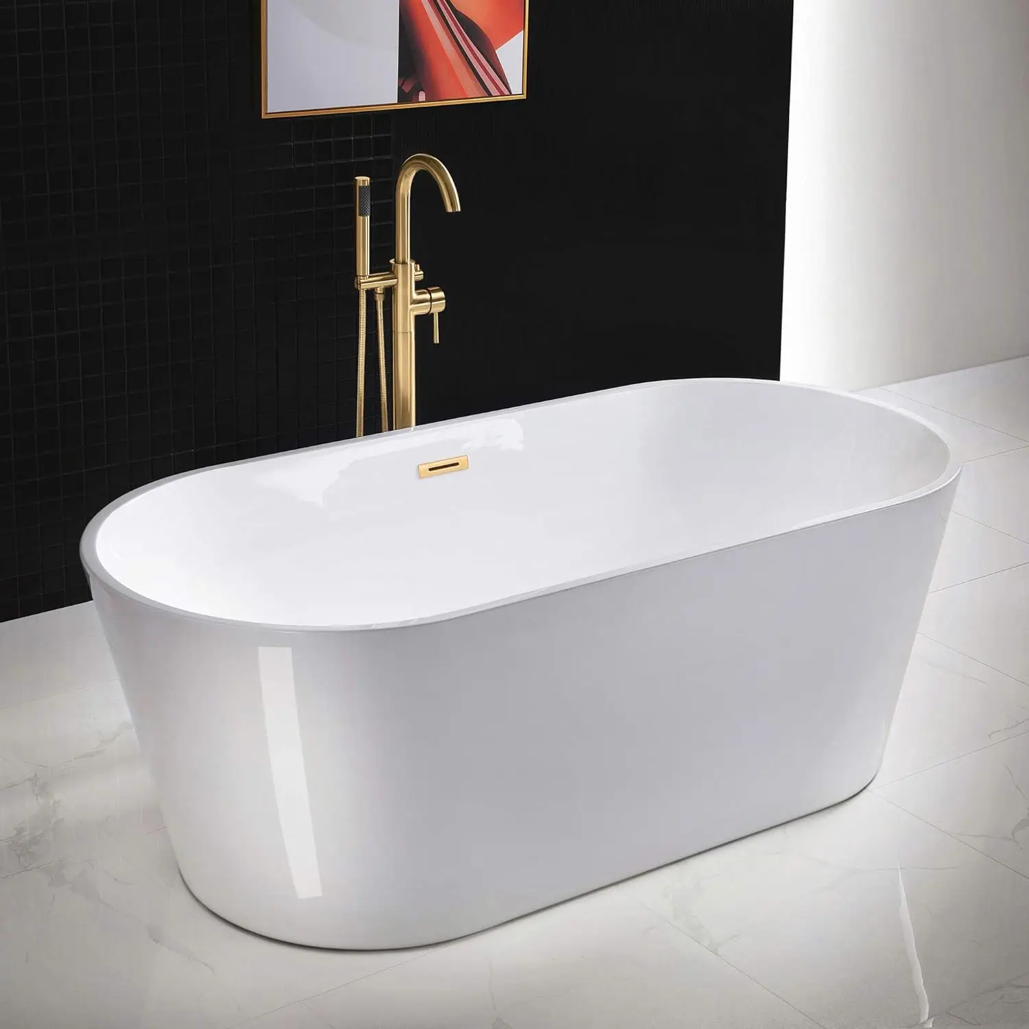 Acrylic Freestanding Bathtub Contemporary Soaking White Tub with Brushed Gold Overflow and Drain Easy to clean bathtub 2