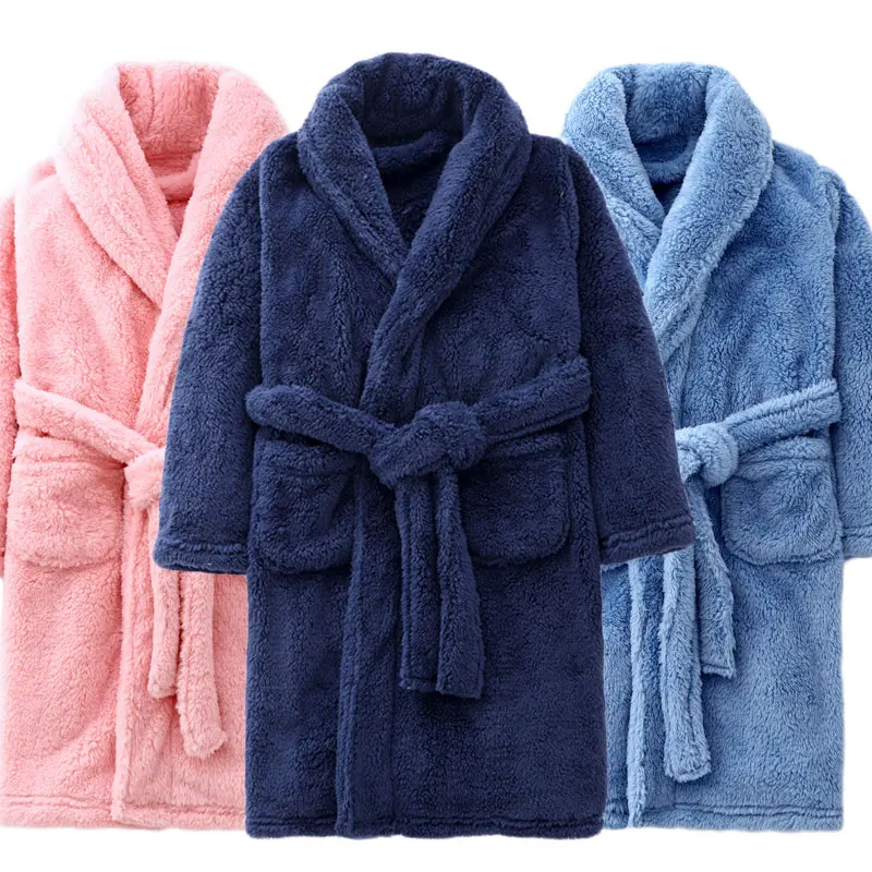 Winter Thicken Bathrobes for Kids Girls Flannel Warm Nightgown Teens Boys Bathing Robe Solid Color Night Robe Baby Dressing Gown kids pajamas set flannel pajamas child bathrobe kids robe