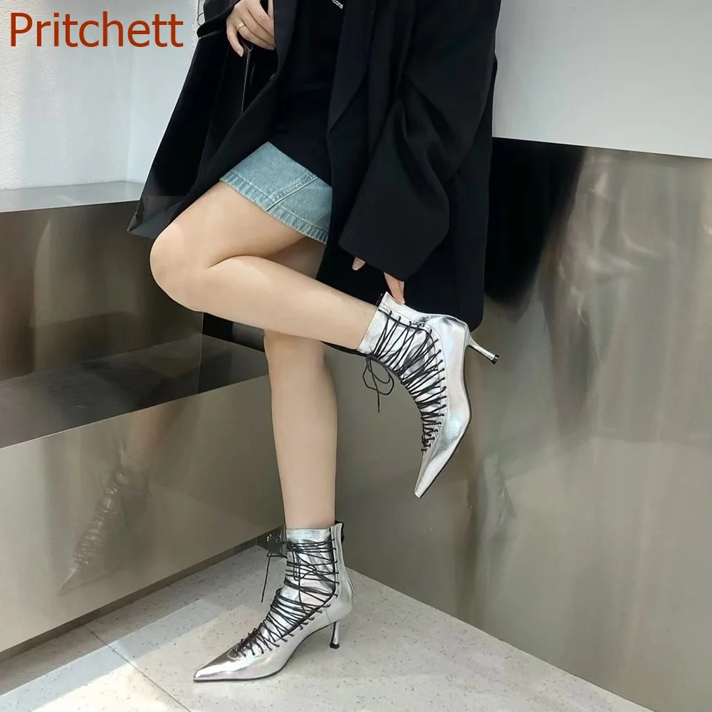 Pointed Toe Solid Women Boots Short Boots Cross Tied Zipper Thin Heels Runway Show Fashion Causal Women Shoes 2023 New Arrivals