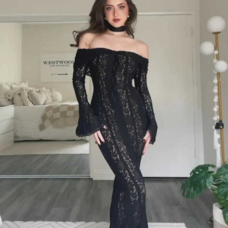 black and gold evening dress Leely Women Sparkly Beaded Long Formal Strapless SS2025 Size:46x30 Classic V-neck Asymmetrical Chiffon Lace