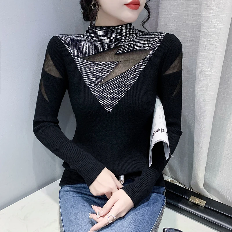 

New 2022 Autumn Winter Long Sleeve Women's Pullover Fashion Sexy Hollow Out Turtleneck Hot Drilling Knitted Sweater