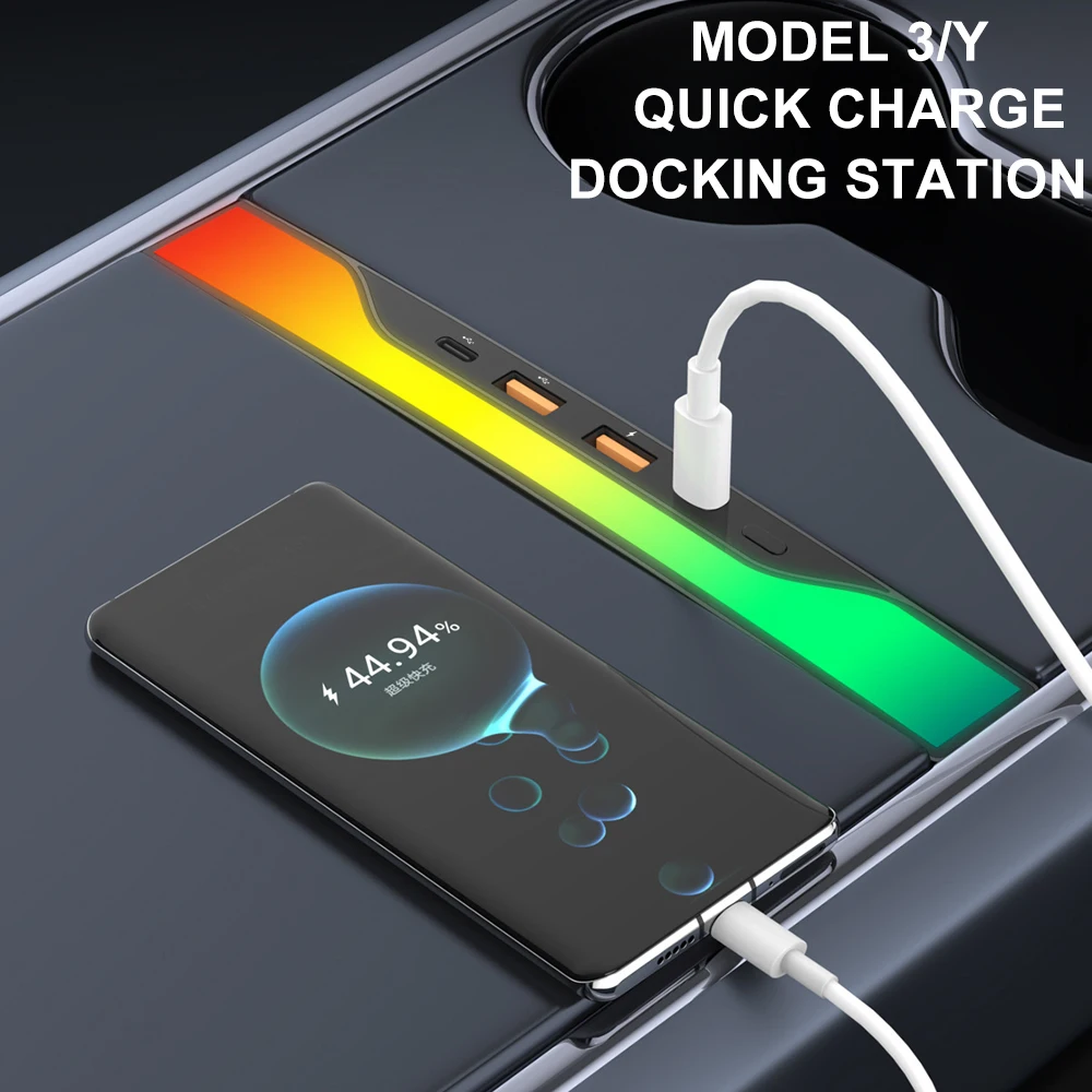 

27W Quick Charger For Tesla Model 3 Y Docking Station PD Type C Hub USB RGB Ambient LED light Shunt Hub Extension Center Console