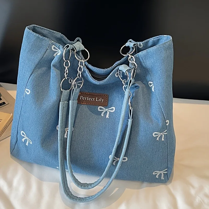 Women's Casual Tote Bag with Fixed Chain Strap & Bow Embroidery Durable Zipper Closure Handbag for Daily Commute Shopping Outing