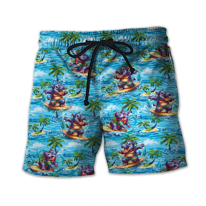 Funny Hippo Graphic Beach Shorts Fashion Summer Vacation 3D Animals Printed Hawaiian Short Pants Loose Holiday Mens Swim Trunks 3