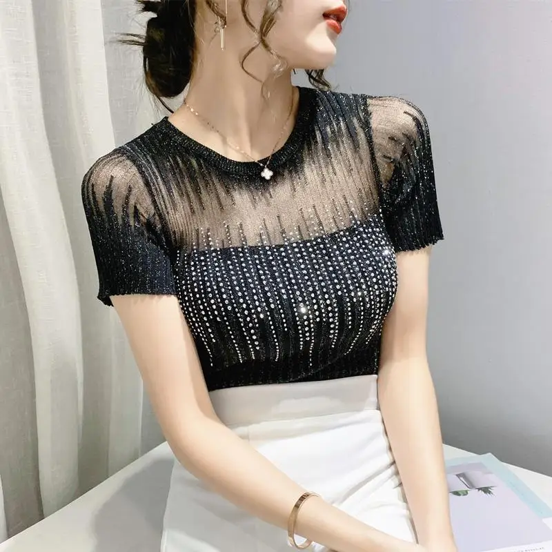 

Summer new slim fashion sexy hollow hot drilling short sleeve T-shirt western ice silk blouse thin sweater woman