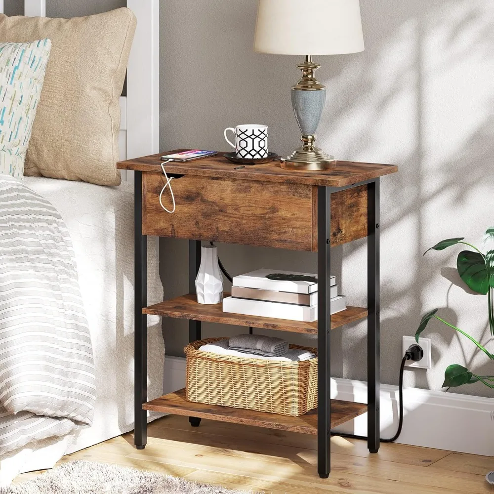End Tables, Side Table with Charging Station, Flip Top Nightstand with USB Ports and Outlets, Bedside Tables with Shelf Spaces 3