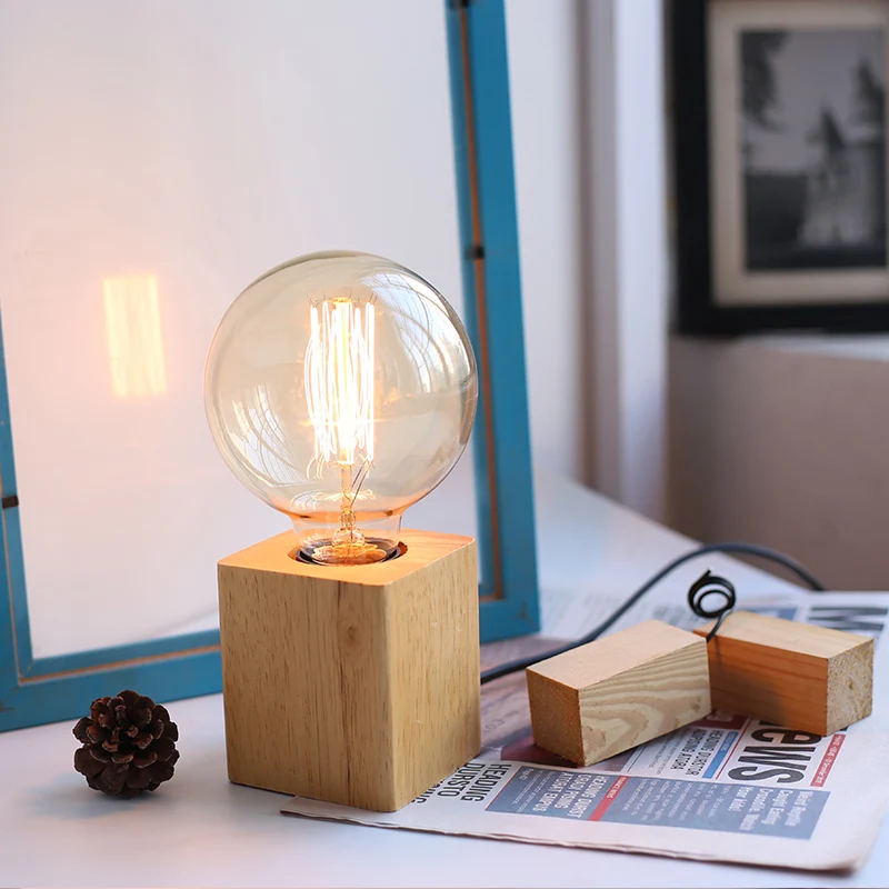 Lamp base Decorative lights Retro Wood Table Lamp E27 Socket Vintage Desk Lamp Base Holder EU Plug Bedside Decoration Wooden Base Table Light 220V 110V