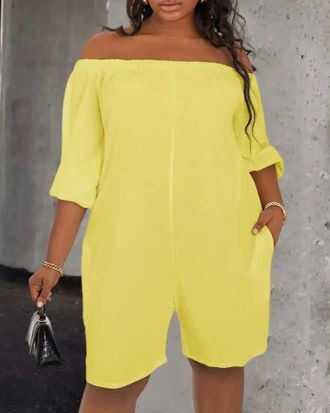 Women's short jumpsuit 2024 summer new women's casual solid color off shoulder pocket design casual jumpsuit