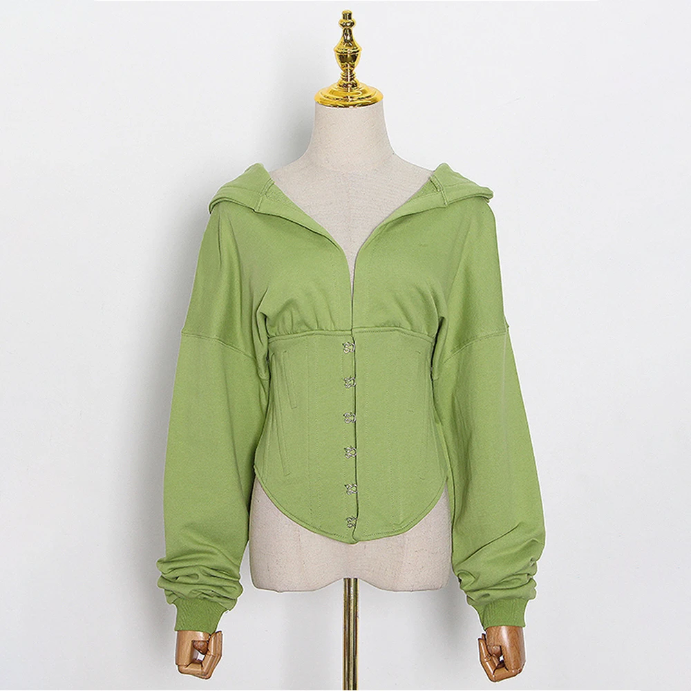 KBQ Casual Spliced Drawstring Sweatshirt For Women Hooded Long Sleeve Single Breasted Solid Sweatshirts Famale Fashion Clothes