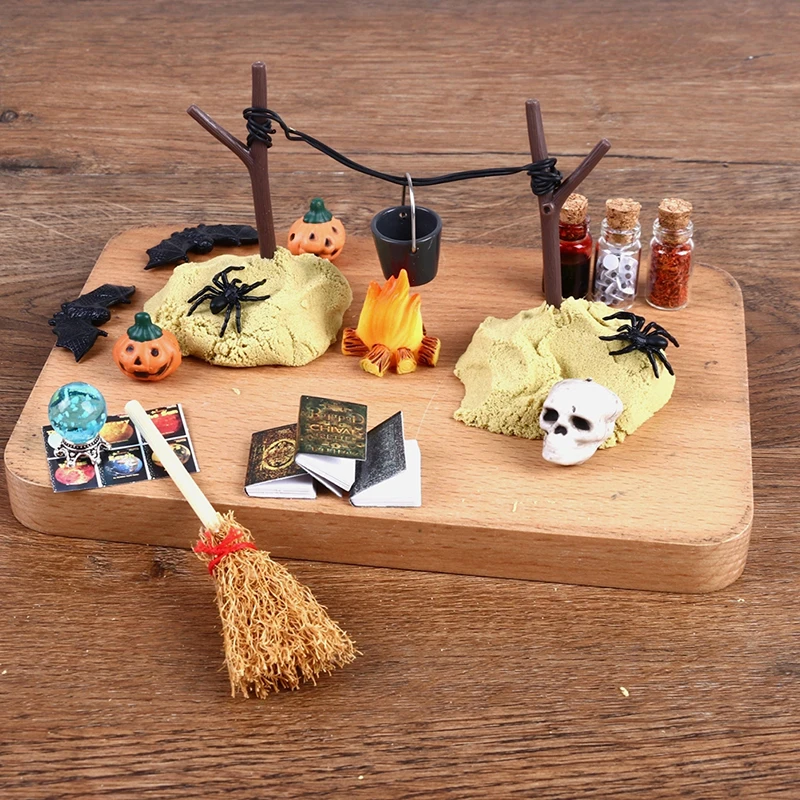 1Set 1:12 Dollhouse Miniature Halloween Horror Decor Toy Bat Skull Head  Broom Spider Pumpkin Head Magic Book Ornament DIY Toy