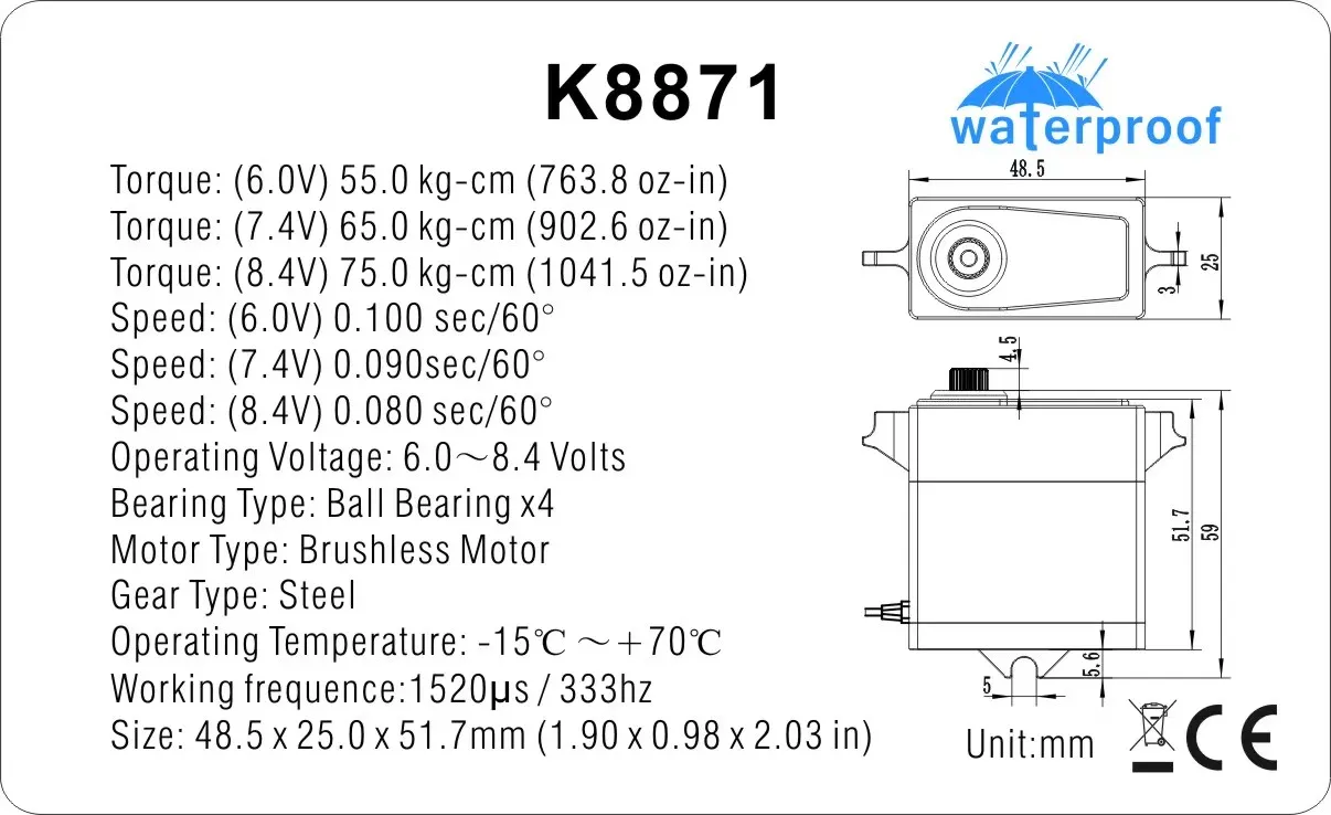 KeyFulcrum KF K8871 Waterproof Servo for Traxxas X-Maxx XRT Maxx Slash 75kg hv brushless digital magnetic metal casing RC car 6