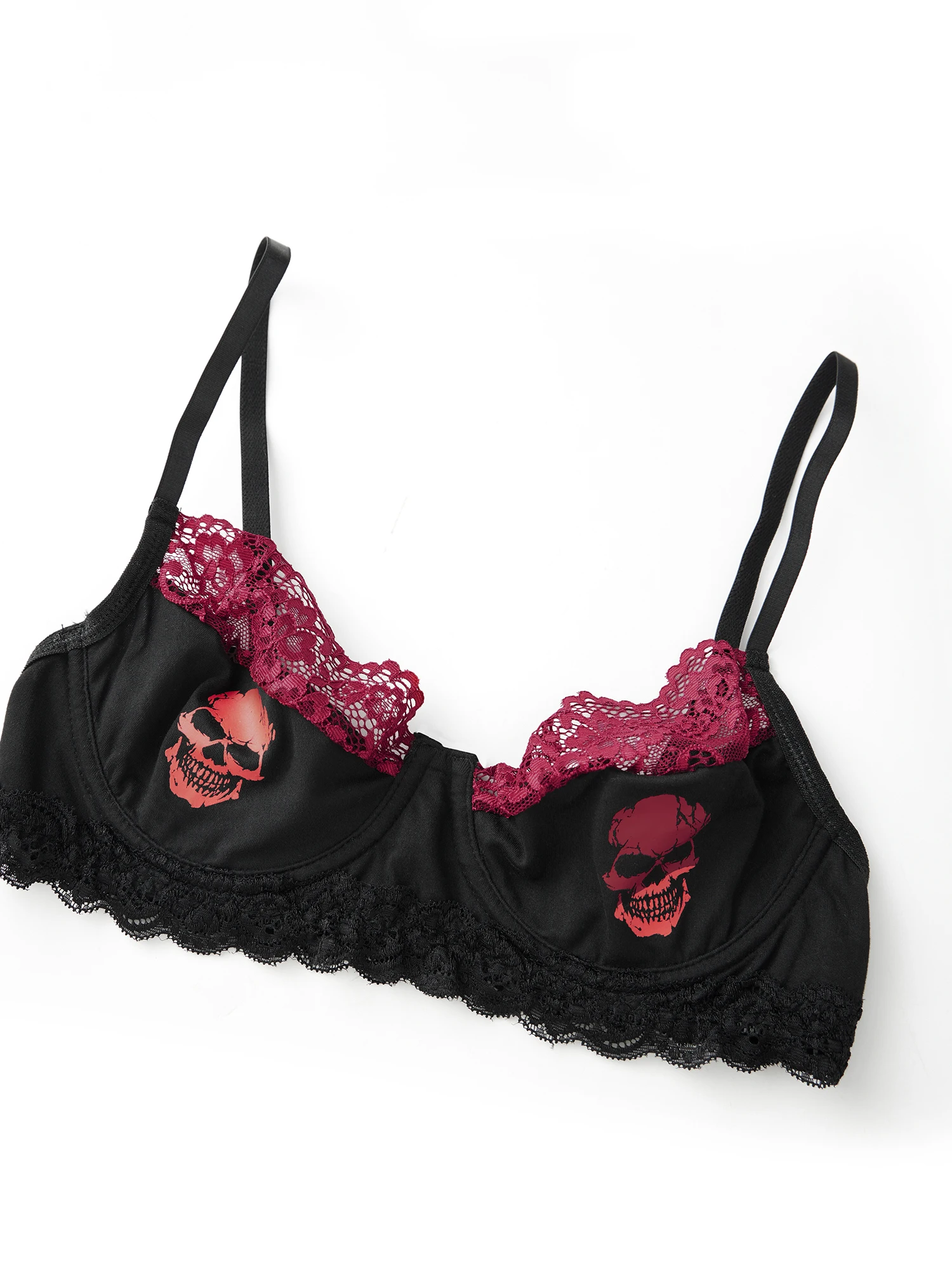 Skull Print Lace Sleeveless Push up Bra Lingerie Set with Matching Thong - Sexy Naughty Babydoll Bustier for Women
