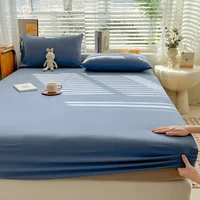 Simple Solid Color Blue Fitted Sheet Set 3Pcs Japanese Style Mattress Cover Skin-friendly Breathable Queen Size Bedding Set 3
