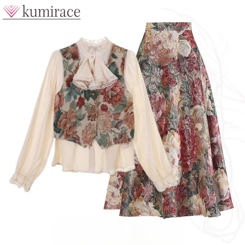 Early Spring New 2024 Set Floral Vest French Shirt Paired with Half Skirt Three Piece Set Two Piece Set for Women nike women s nike sportswear collection reverse french terry vest dv8314 113