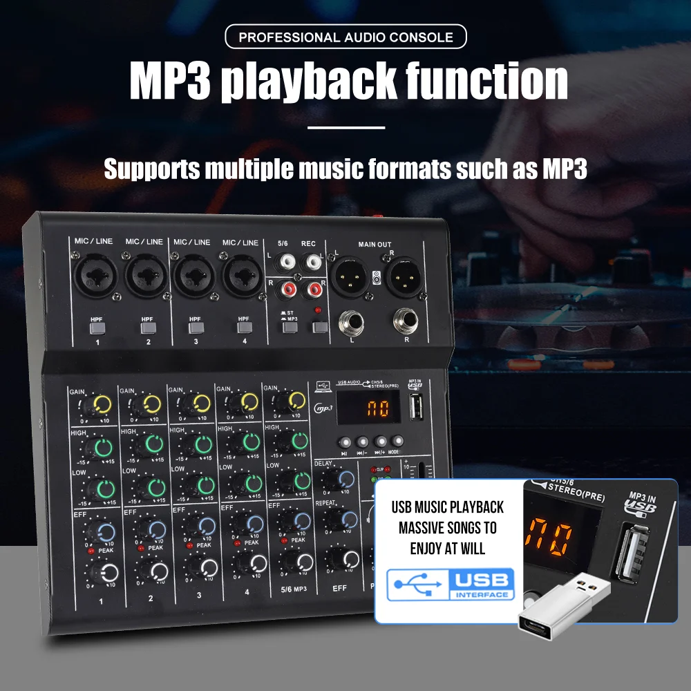 4 6 channels Audio mixer DJ karaoke Mixing Console USB Interface Sound Card BT 48V PC MP3 DJ Recording audio mixer audio interface