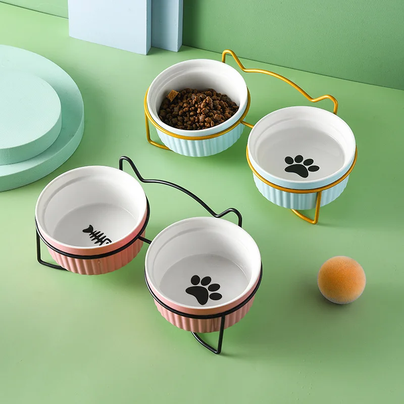 CatBowlCeramicwithMetalStandElevatedPetFeederKittenPuppyFood