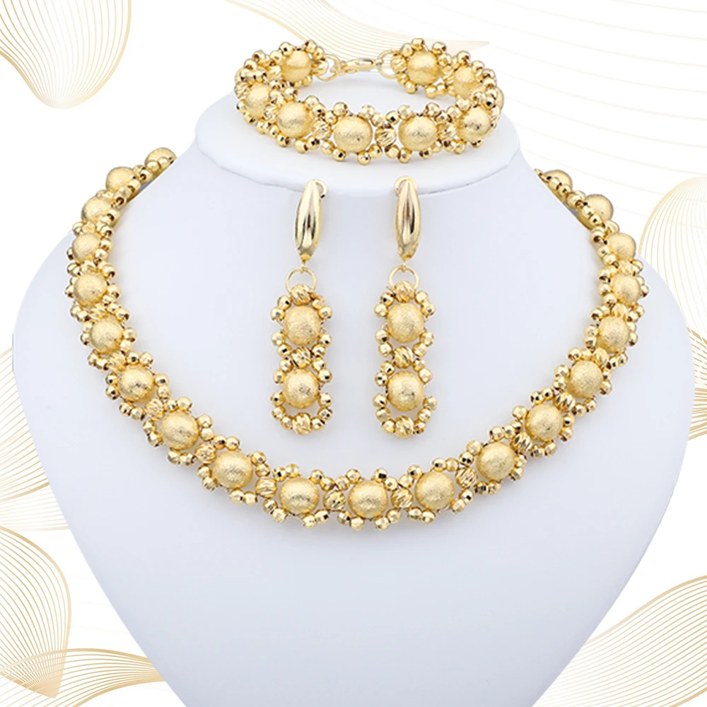 Dubai Fashion Necklace Earrings Bracelet Set Gold Plated Jewelry Sets For Women Indian Jewelry