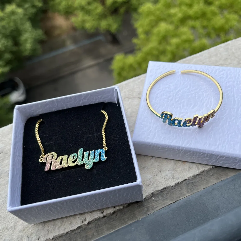 Duoying Custom Name Necklace Colorful Dainty Glitz Glam Nameplate Bangles Cuff Stainless Steel Gold Jewelry Set For Kids Sa87F8B167E9B4Dcf9342D6F16Dd553A0D