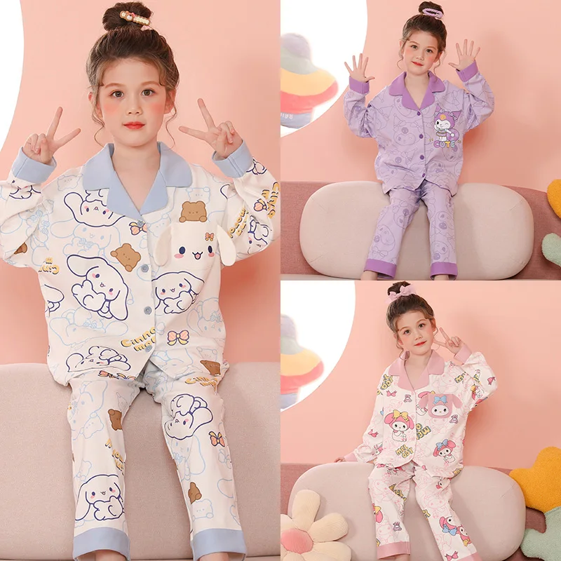 

2024 Spring Kawaii Miniso Mother Kids Pajamas Set Anime Kuromi My Melody Cinnamoroll Children's Cotton Sleepwear Girl Loungewear