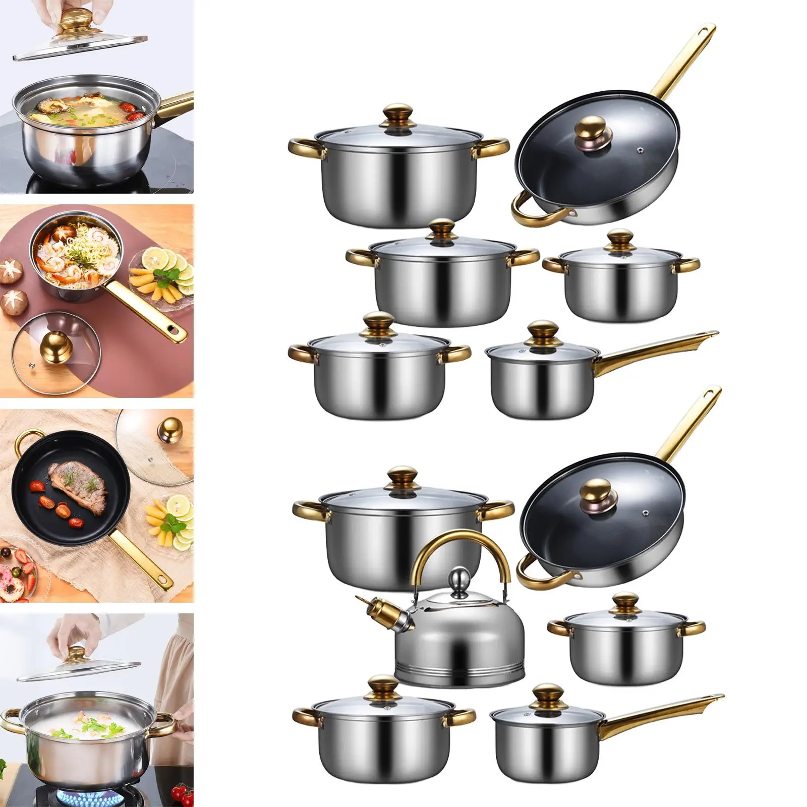 6 Pieces Stainless Steel Ergonomic Handle Portable Nonstick Pan Saucepan Pots and Pans Set Kitchen Cooking Set for Kitchen Home