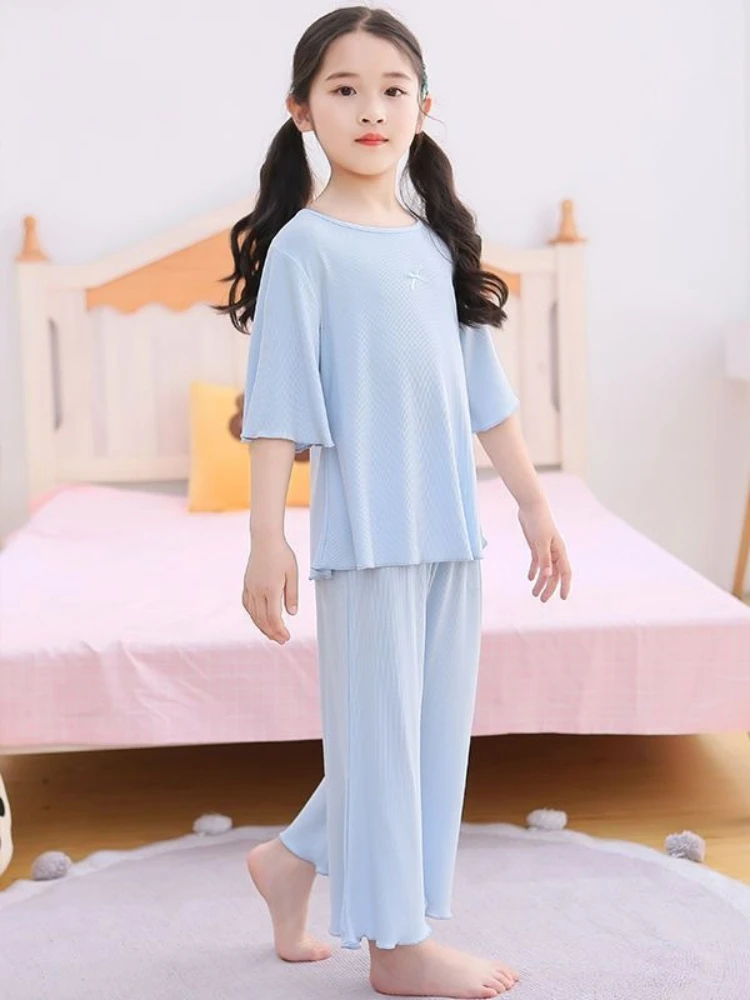 여자 새로운 중국 스타일 라운지웨어 세트 루즈핏 통기성 중간 소매 탑 크롭 팬츠 여름 에어컨 의류