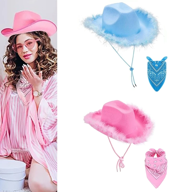 Cowboy Costume Set Western Wide Brims Cowgirl Hat Print Scarf Bandanas Adult NightClub Party Roleplay Headwear 2PCS