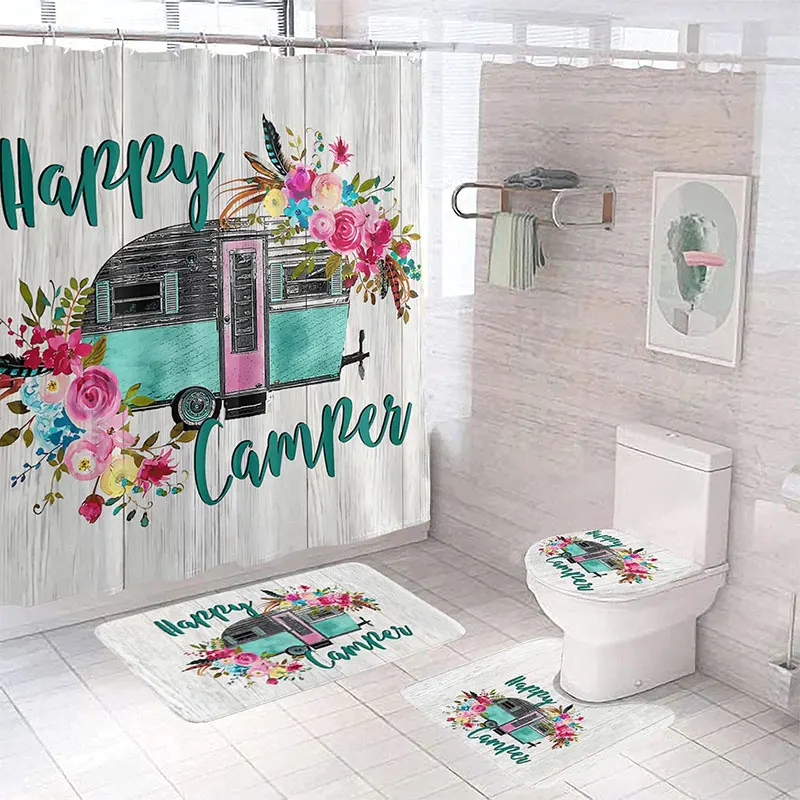 

Занавеска для душа с цветочным принтом и нескользящим ковриком