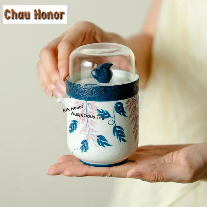 Hand-painted Wisteria Flower Travel Tea Set Kit Luxury 1 Pot 3 Cups Tea Brewing Organizer Portable Picnic Handbag Supplies Gift