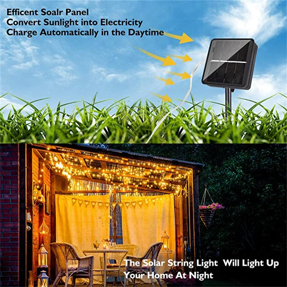 Waterproof solar-powered LED string lights in 10m or 20m lengths, designed for outdoor use 01