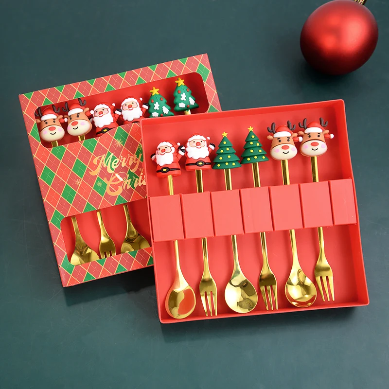 2/4/6pcs Christmas Glod Spoon Fork Set Stainless Steel With Gift Box Tableware Desser Fork Coffee Spoon Decor New Year Navidad