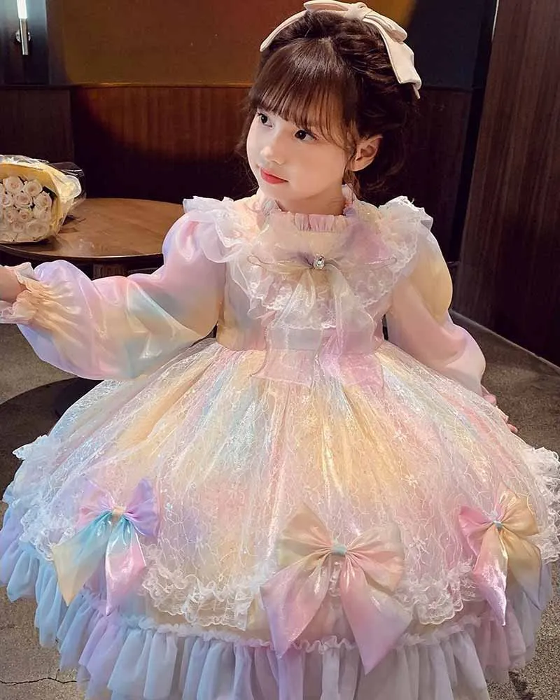 Birthday Party Lolita Sweet Dress Girls Kids Summer Mesh Long Sleeve Dress Cute Princess Doll Teen For Girls 2-10Y