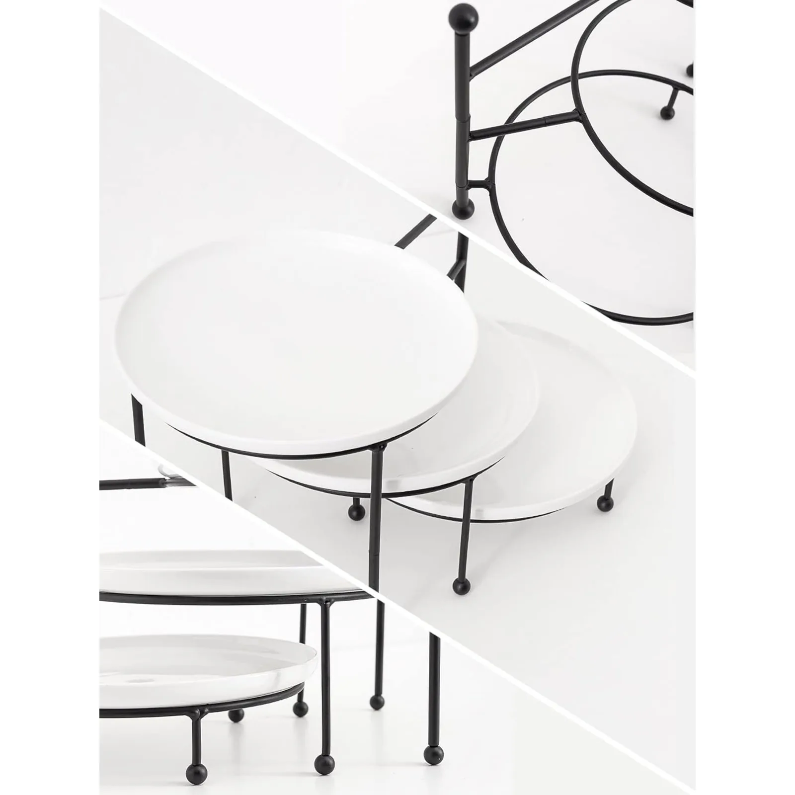 US 3 Tiered Serving Stand with White Porcelain Plates, Tiered Tray Stand, 10" x 10" Tier Serving Trays with Black Metal